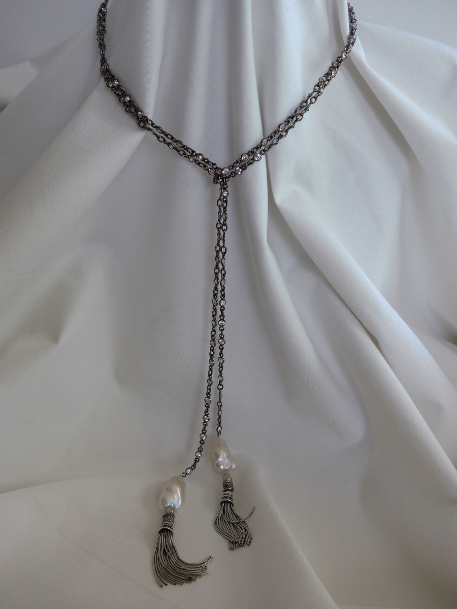 One Strand 925 Oxidized Silver Cubic Zirconia Chain, Baroque Cultured Pearls & 925 Sterling Silver Tassel Lariat Long Necklace