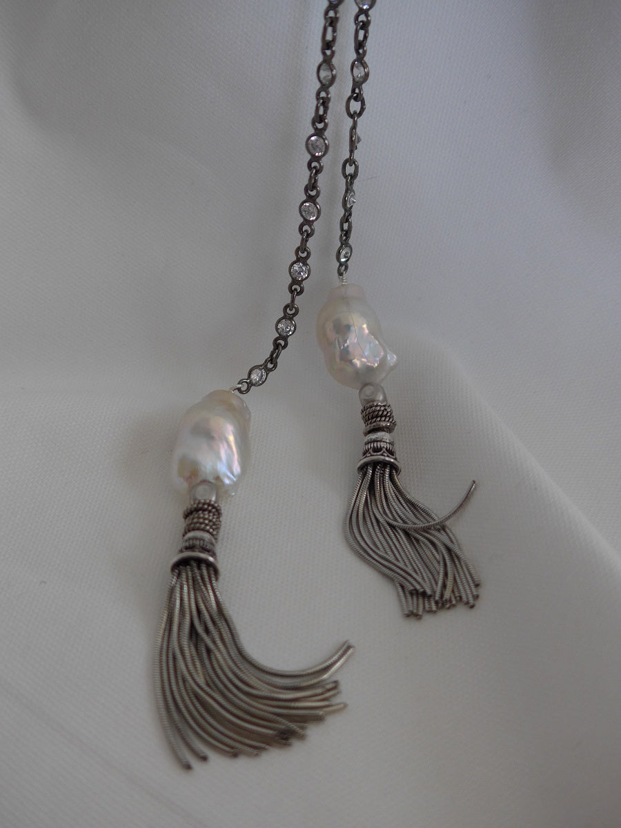 One Strand 925 Oxidized Silver Cubic Zirconia Chain, Baroque Cultured Pearls & 925 Sterling Silver Tassel Lariat Long Necklace