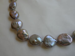 One Strand Platinum Grey Coin Keshi Cultured Pearls 925 Sterling Silver Clasp