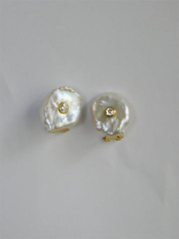 White Keshi Pearls Cubic Zirconia 925 Vermeil Sterling Silver Omega Post Earrings
