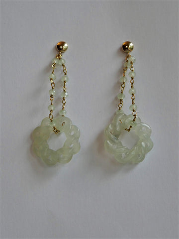 925 Vermeil Sterling Silver Chain, Gold Filled Post with Carved New Jade Disk Earrings