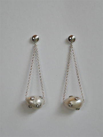 925 Sterling Silver Chain and Post with Cubic Zirconia Cultured Pearl Earrings