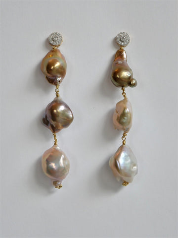 925 Vermeil Sterling Silver Cubic Zirconia Post Natural Baroque Cultured Pearl Earrings