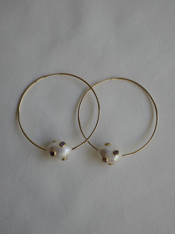 Gold Filled Hoop Earrings White Cultured Pearl with Amethyst Cubic Zirconia