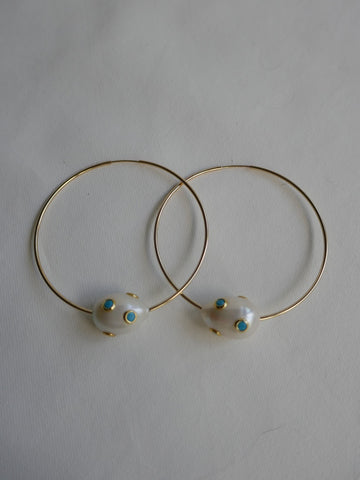 Gold Filled Hoop Earrings White Cultured Pearl with Turquoise Cubic Zirconia