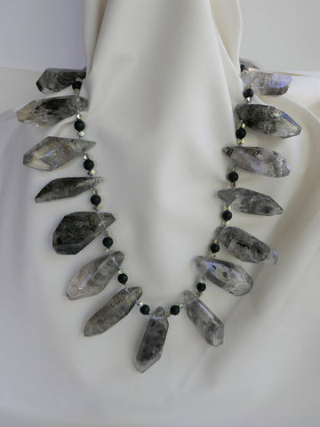 One Strand Black Rutilated Quartz Black Onyx Plated Hematite Gemstone Necklace