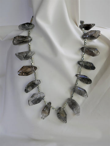 One Strand Black Rutilated Quartz Silver Plated Hematite Gemstone Necklace