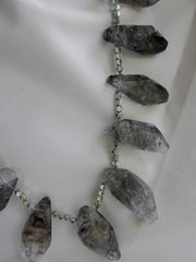 One Strand Black Rutilated Quartz Silver Plated Hematite Gemstone Necklace