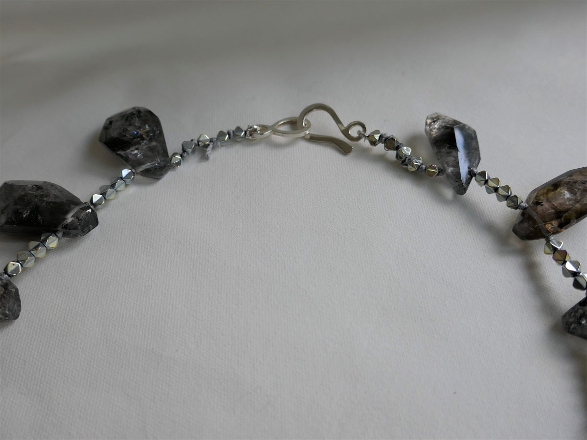 One Strand Black Rutilated Quartz Silver Plated Hematite Gemstone Necklace