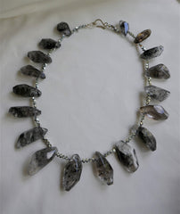 One Strand Black Rutilated Quartz Silver Plated Hematite Gemstone Necklace