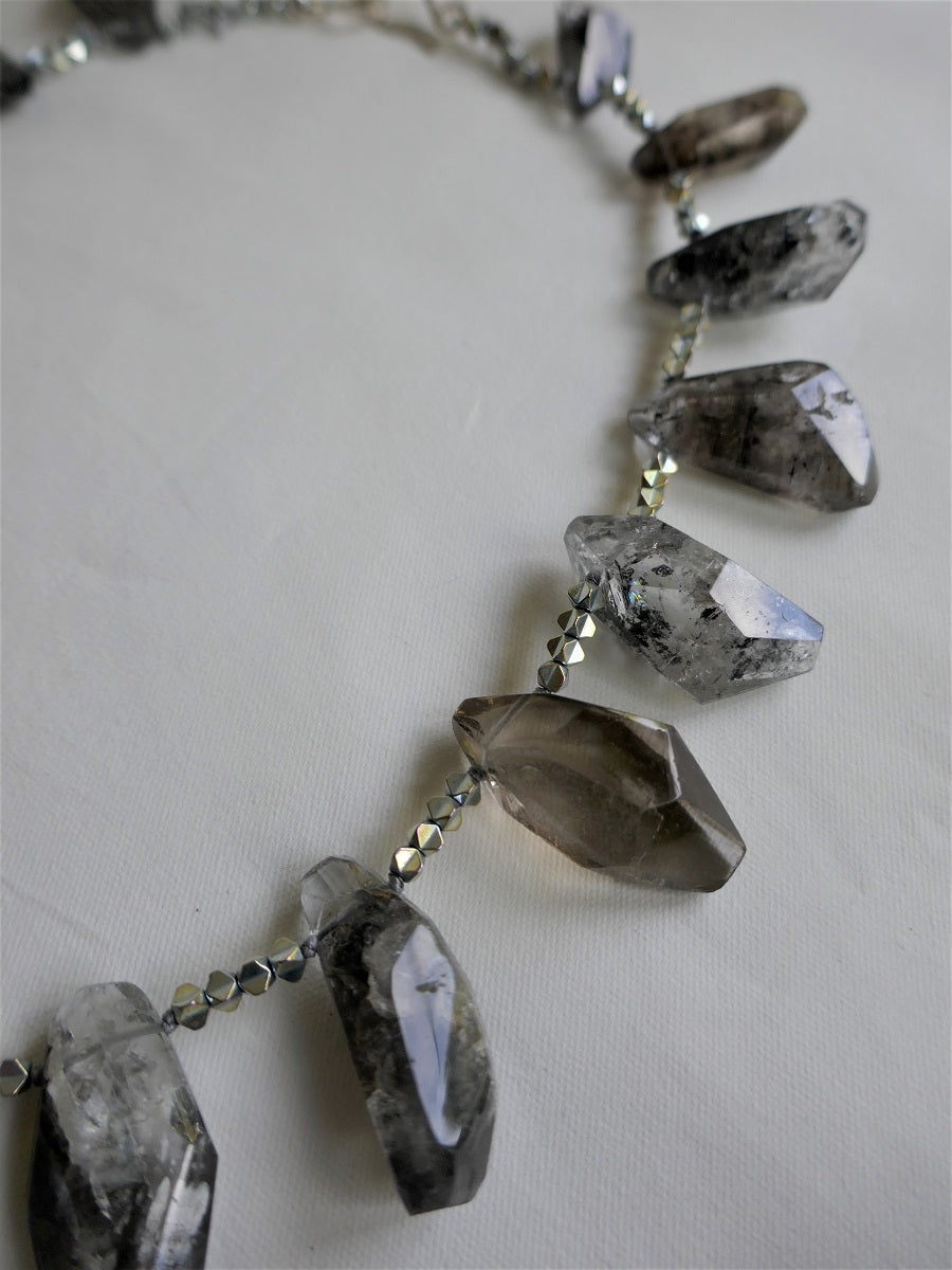 One Strand Black Rutilated Quartz Silver Plated Hematite Gemstone Necklace