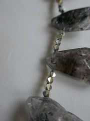 One Strand Black Rutilated Quartz Silver Plated Hematite Gemstone Necklace