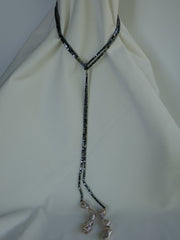 One Long Strand Hematite and Natural Baroque Cultured Pearls Lariat Necklace