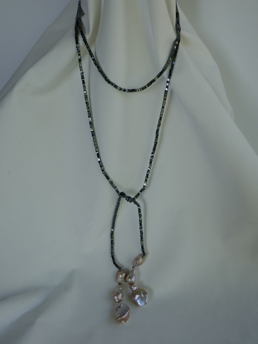One Long Strand Hematite and Natural Baroque Cultured Pearls Lariat Necklace