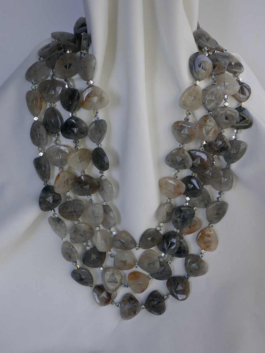 Two Strand Black Rutilated Quartz Silver Plated Hematite Long Gemstone Necklace