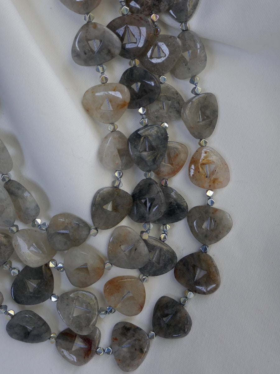 Two Strand Black Rutilated Quartz Silver Plated Hematite Long Gemstone Necklace