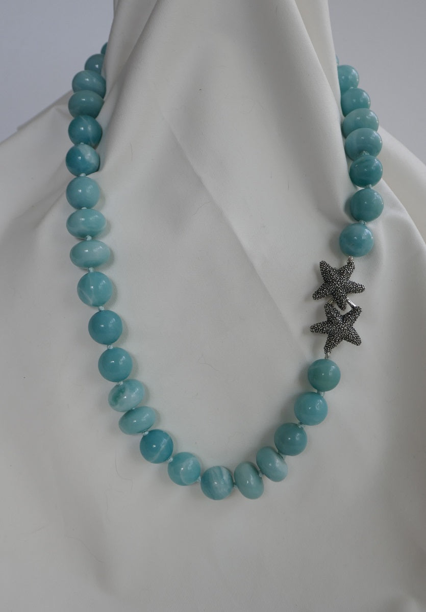 One Strand Amazonite Gemstone Necklace Exclusive Oxidized Silver Starfish Clasp