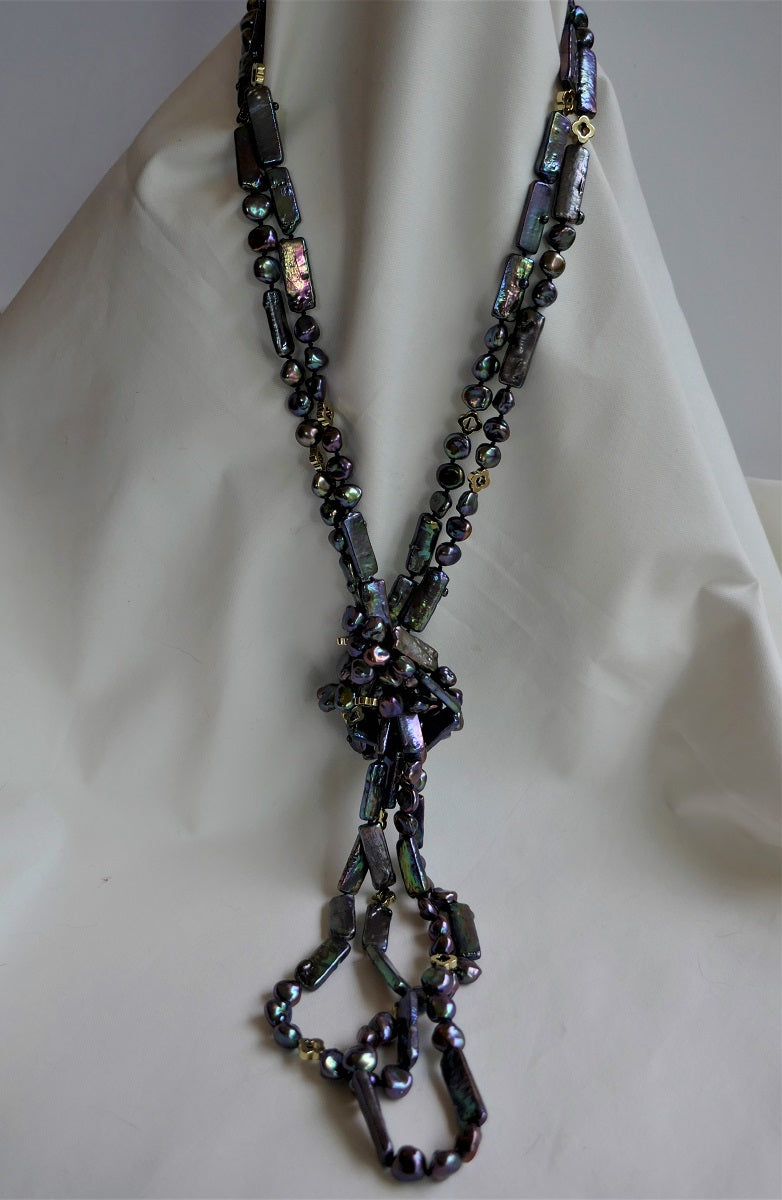 Two Strands Peacock Blue Oblong Keshi Pearls, Keshi Pearls & Gold Plated Hematite Long Rope Necklace
