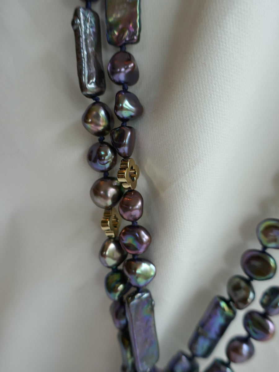 Two Strands Peacock Blue Oblong Keshi Pearls, Keshi Pearls & Gold Plated Hematite Long Rope Necklace