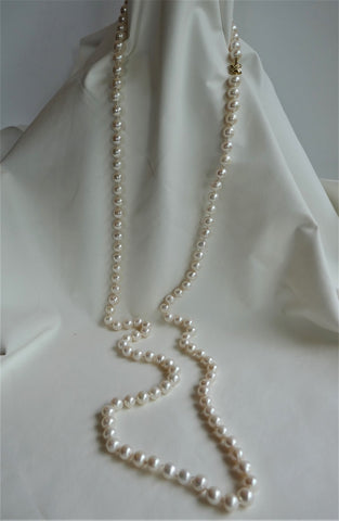 One Strand 10-11mm White Cultured Pearl Long Rope Necklace 14k Gold Clasp