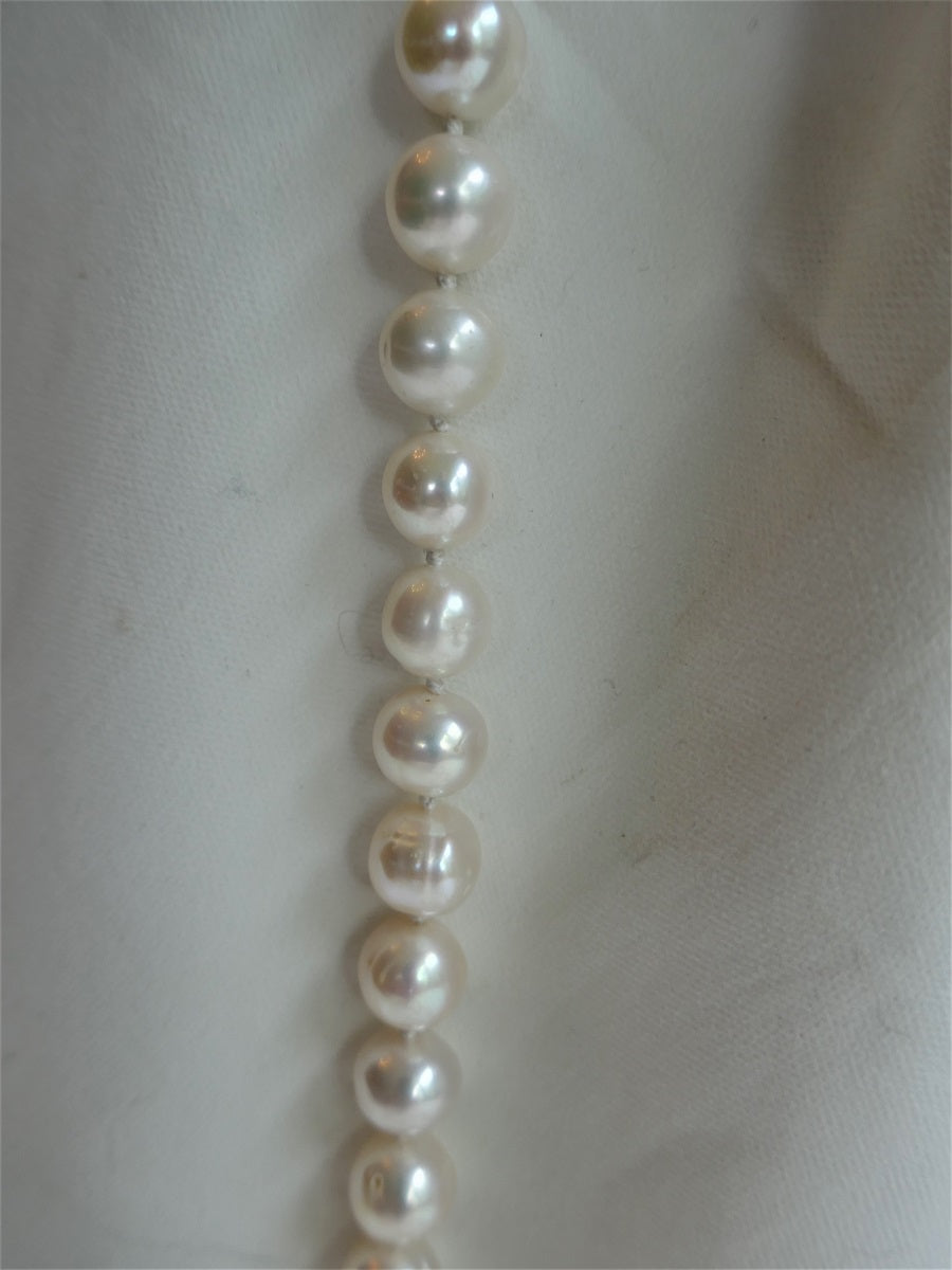 One Strand 10-11mm White Cultured Pearl Long Rope Necklace 14k Gold Clasp