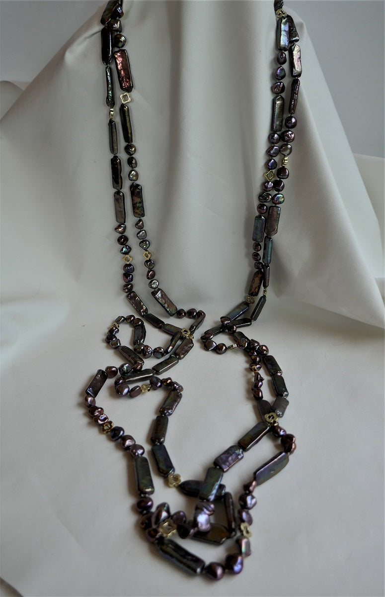 Two Strands Peacock Copper Oblong Keshi Pearls, Keshi Pearls & Gold Plated Hematite Long Rope Necklace