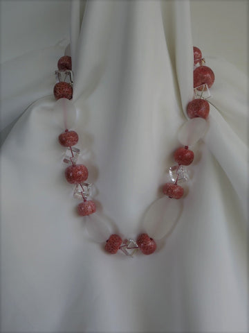 One Strand Matted & Polished Rock Crystal Fossilized Salmon Coral Gemstone Necklace