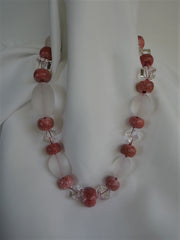 One Strand Matted & Polished Rock Crystal Fossilized Salmon Coral Gemstone Necklace