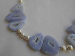 One Strand Irregular Shaped Chalcedeny (Light Blue) White Cultured Pearls 925 Sterling Silver Clasp Gemstone Necklace