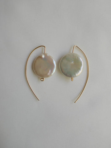 White Coin Keshi Pearls Wishbone 14k Gold Filled Wire Earrings