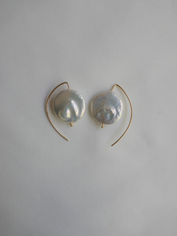 White Coin Keshi Pearls Wishbone 14k Gold Filled Wire Earrings