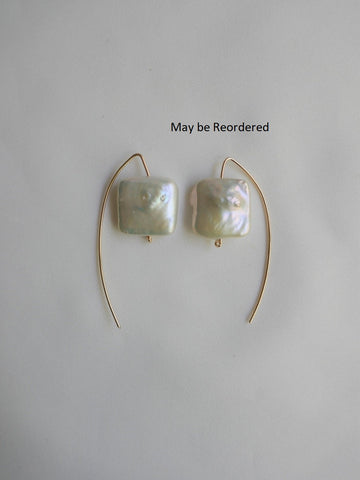 White Square Keshi Pearls Wishbone 14k Gold Filled Wire Earrings