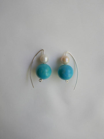 Stabilized Turquoise & White Cultured Pearls Wishbone 925 Sterling Silver Wire Earrings