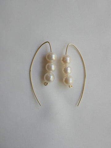 Three White Cultured Pearls Wishbone 14k Gold Filled Wire Earrings