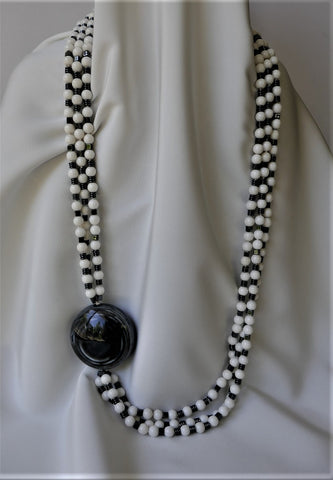Three Strand White Agate Hematite Necklace Sterling Silver Clasp