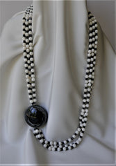 Three Strand White Agate Hematite Necklace Sterling Silver Clasp