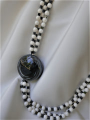 Three Strand White Agate Hematite Necklace Sterling Silver Clasp