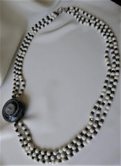 Three Strand White Agate Hematite Necklace Sterling Silver Clasp