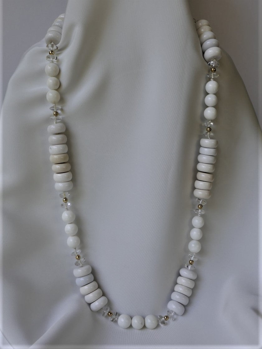 One Strand White Shell Pearls, Gold Filled Beads, Rock Crystal 925 Vermeil Clasp Necklace