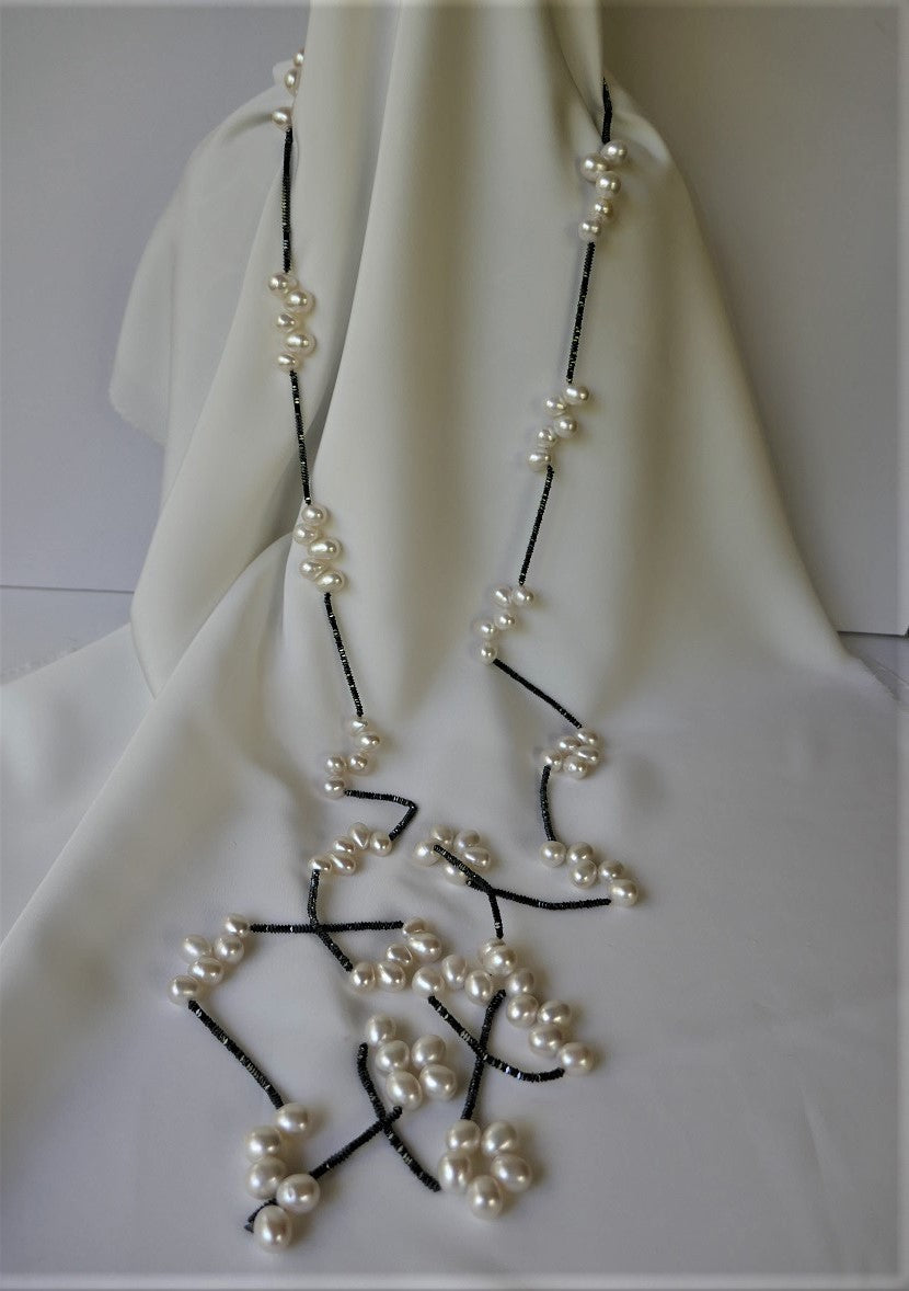 One Strand White Drop Cultured Pearls, Hematite, Crystal 925 Sterling Silver Clasp Six-in-One Necklace