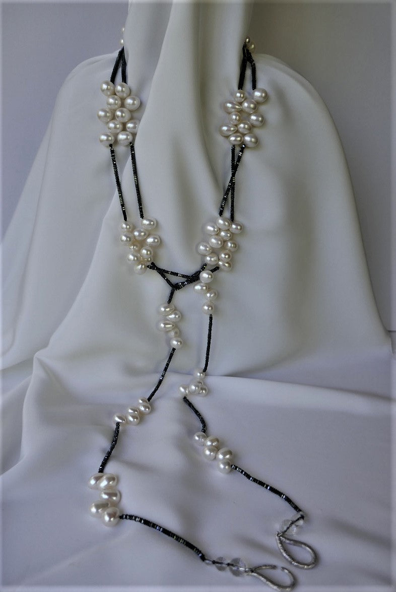 One Strand White Drop Cultured Pearls, Hematite, Crystal 925 Sterling Silver Clasp Six-in-One Necklace