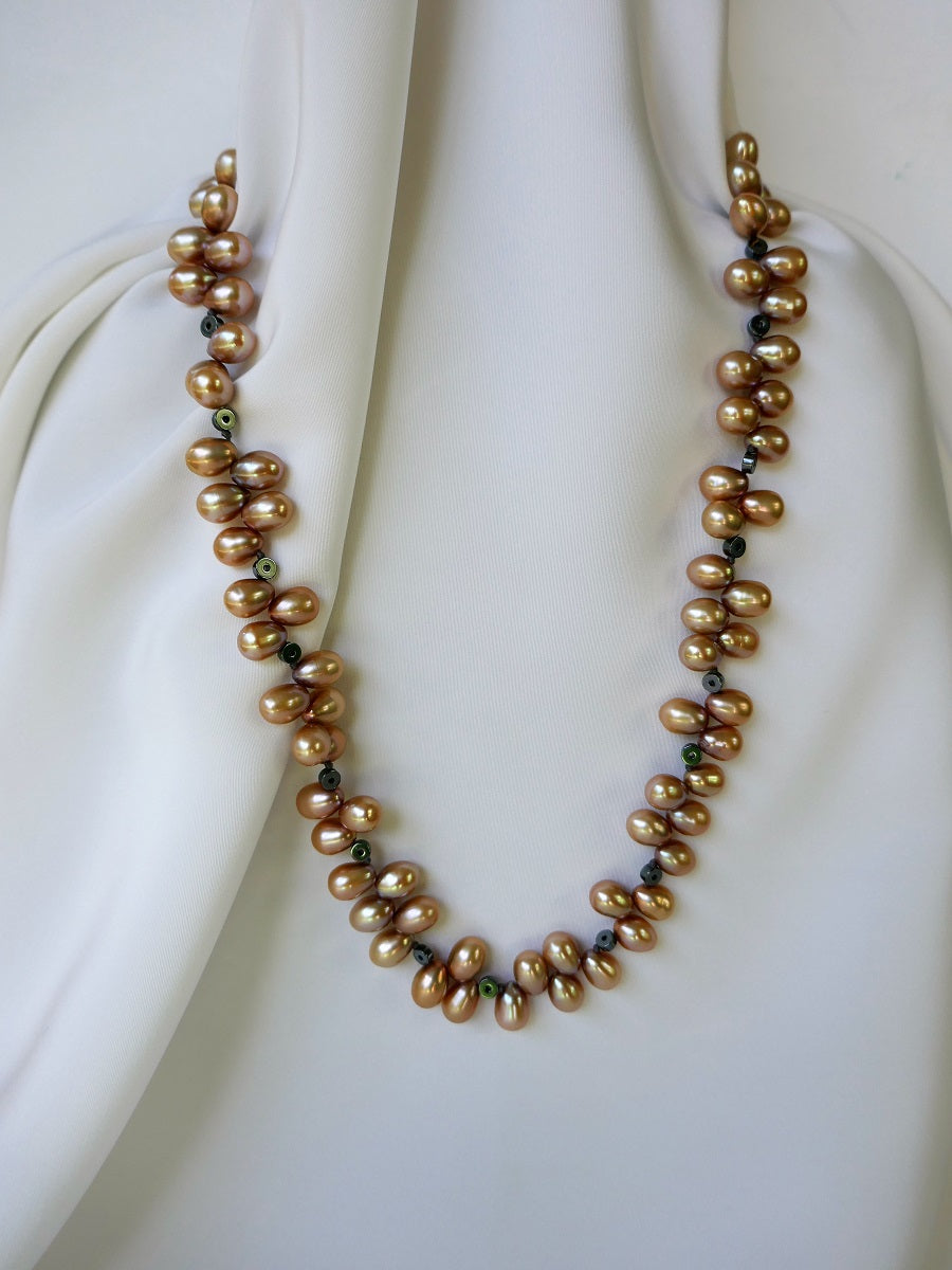 One Strand Champagne Drop Cultured Pearl Hematite Necklace