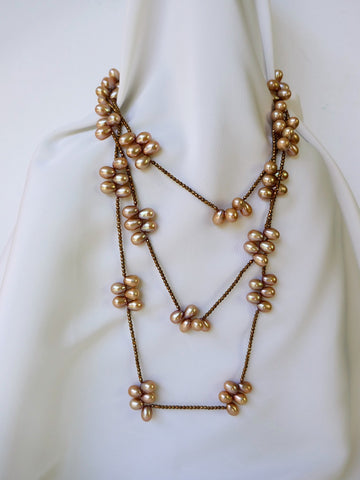 One strand champagne drop cultured pearls copper plated hematite rock crystal long Necklace (Six in one necklace)