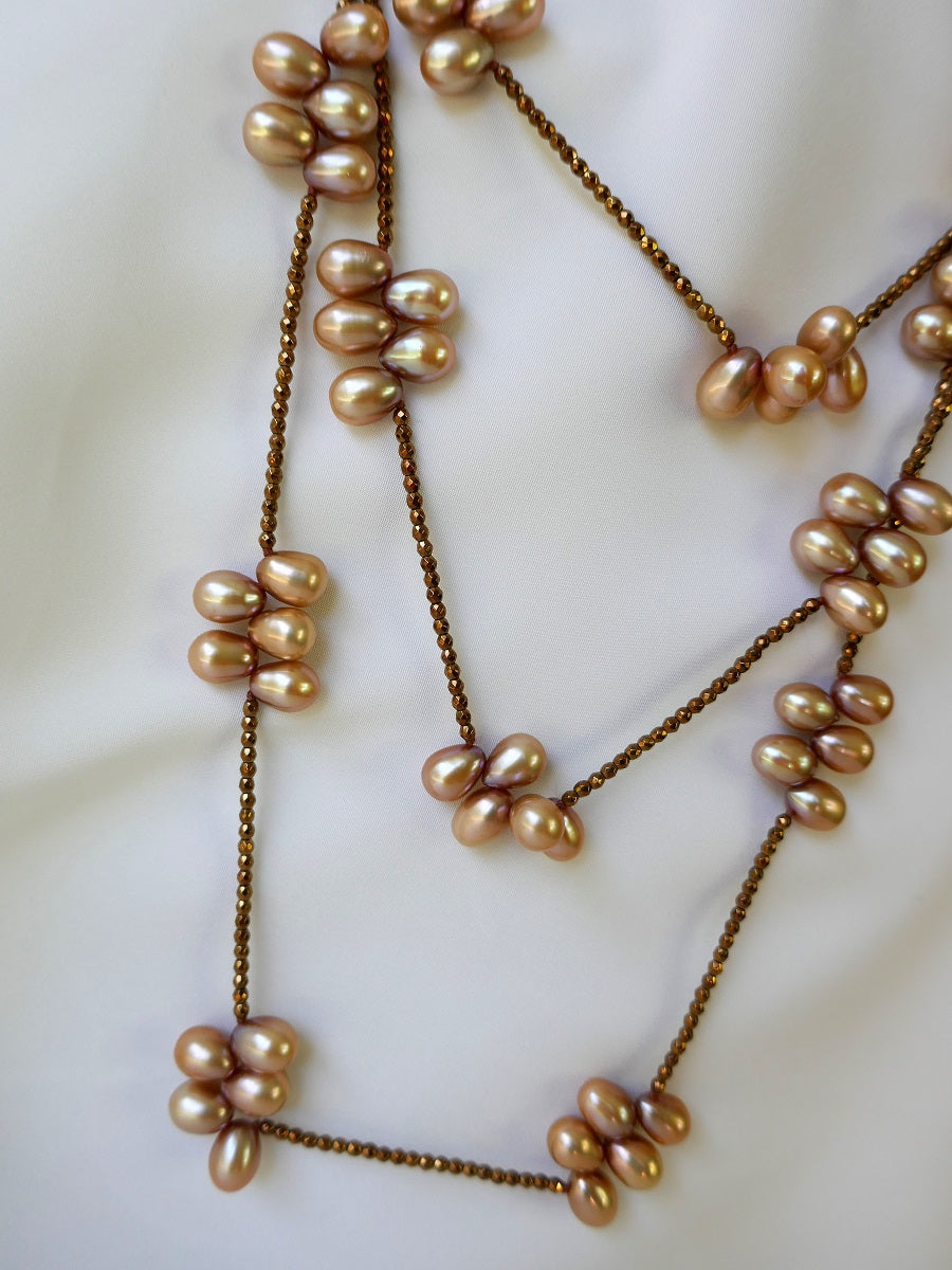 One strand champagne drop cultured pearls copper plated hematite rock crystal long Necklace (Six in one necklace)