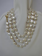One Strand Long White Coin Cultured Pearl Long Necklace 18k Gold Clasp