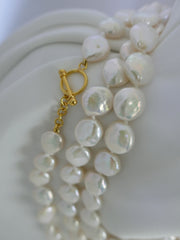 One Strand Long White Coin Cultured Pearl Long Necklace 18k Gold Clasp
