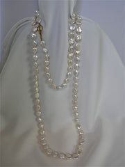 One Strand Long White Coin Cultured Pearl Long Necklace 18k Gold Clasp