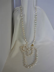 One Strand Long White Coin Cultured Pearl Long Necklace 18k Gold Clasp