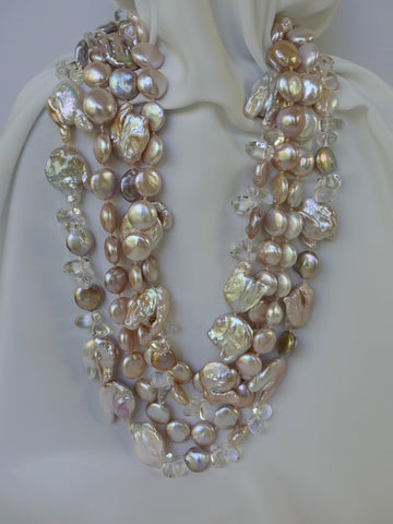 Two Separate Strand Natural Keshi Cultured Pearl, Coin Cultured Pearls, Rock Crystal Long Necklace