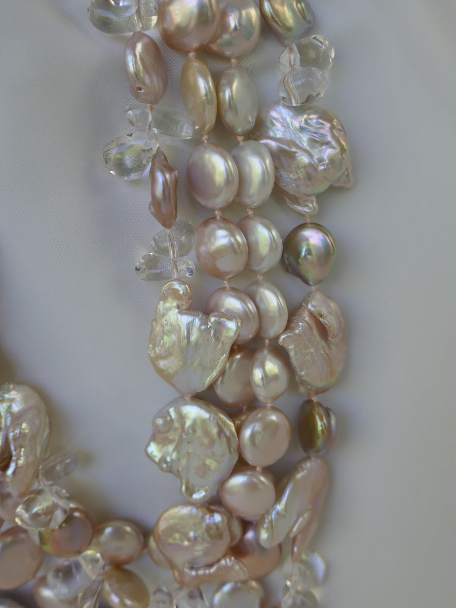 Two Separate Strand Natural Keshi Cultured Pearl, Coin Cultured Pearls, Rock Crystal Long Necklace